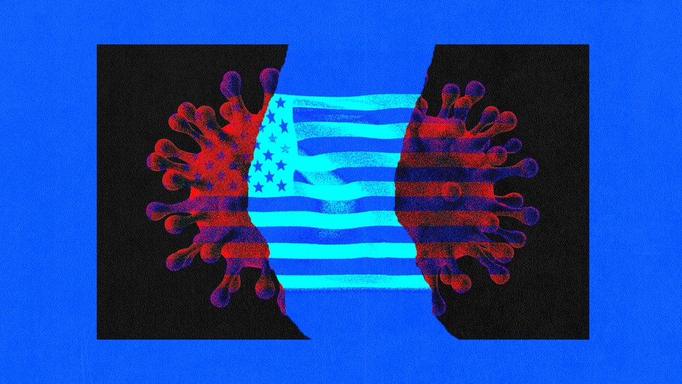 An image of a virus particle torn in half. An American flag is in the background.