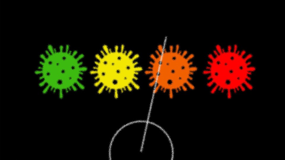 Illustration of colored coronaviruses (green, yellow, orange, and red) with a dial pointing at orange