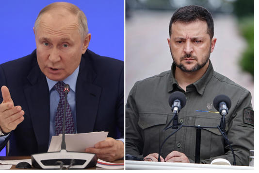 On the left of this split image, Russian President Vladimir Putin delivers a speech during the State Council's Presidium on September 21, 2023 in Veliky Novgorod, Russia. On the right, President of Ukraine Volodymyr Zelensky is seen during a press conference on September 6, 2023 in Kyiv, Ukraine. A Kremlin official suggested Russia may be open to ending the war in Ukraine if Kyiv agrees to not join a military alliance.