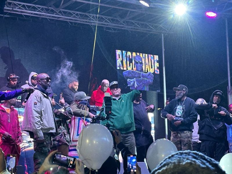 Members of the Dungeon Family gather on stage during a tribute to Rico Wade at The Sesh music festival on April 26, 2024.