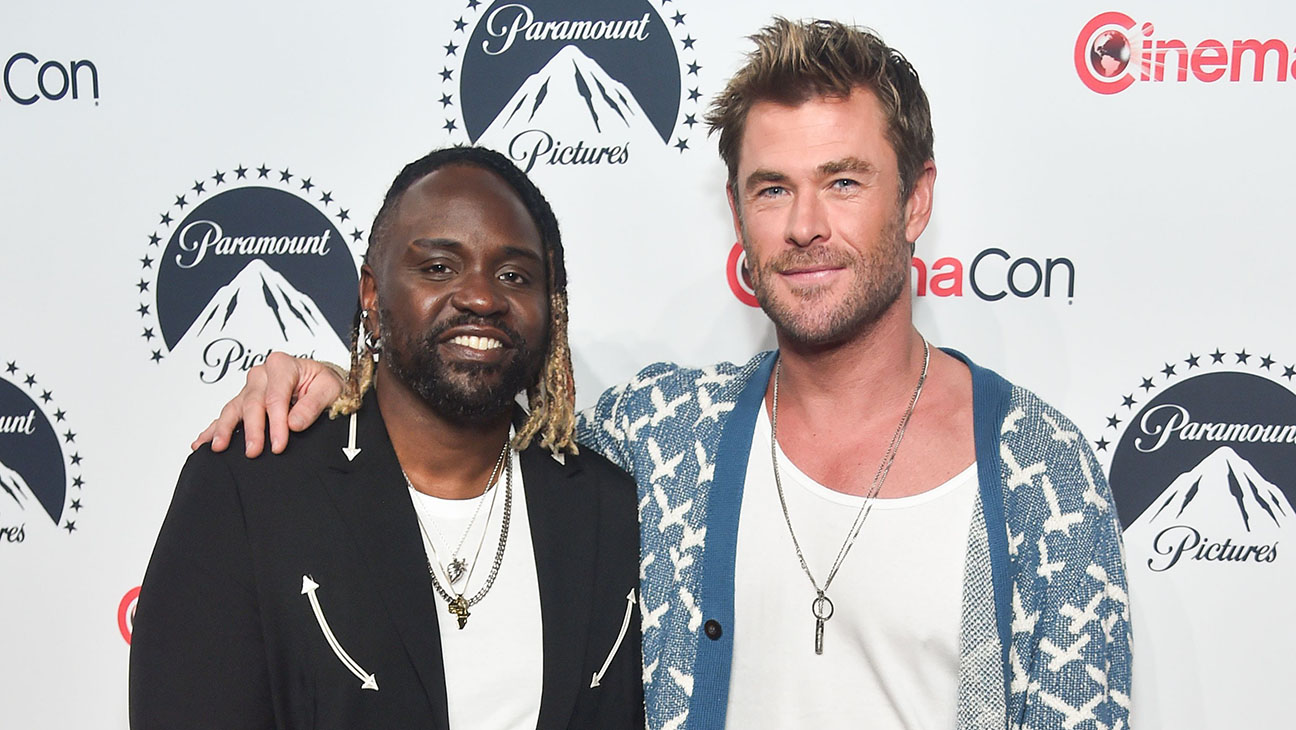 (L-R) Brian Tyree Henry and Chris Hemsworth attend Paramount Pictures' exclusive presentation highlighting its upcoming slate at The Colosseum at Caesars Palace during CinemaCon, the official convention of the National Association of Theatre Owners, on April 11, 2024 in Las Vegas, Nevada.