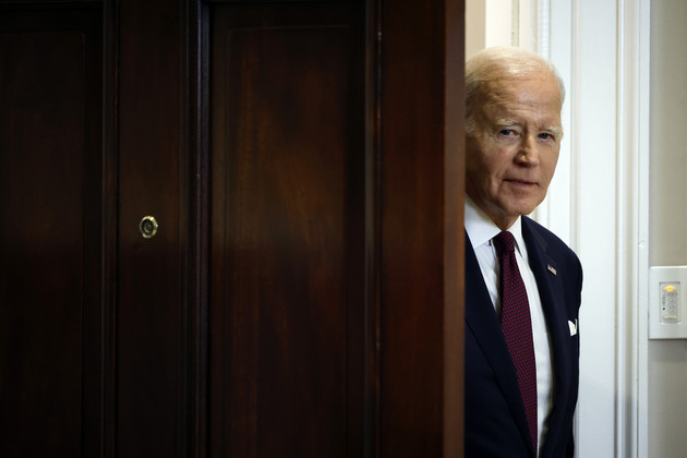 Joe Biden walks into the Roosevelt Room to deliver a statement about the Supreme Court’s decision on affirmative action in higher education at the White House on June 29, 2023.