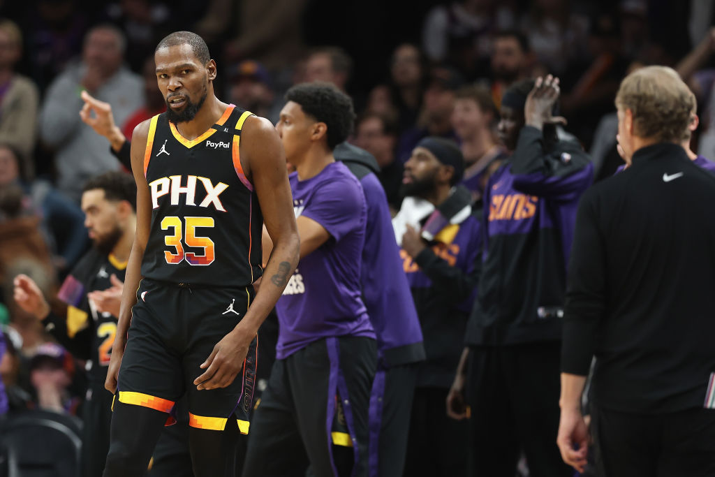 PHOENIX, ARIZONA - FEBRUARY 11: Kevin Durant #35 of the Phoenix Suns reacts during the second half of the NBA game against the Memphis Grizzlies at Footprint Center on February 11, 2025 in Phoenix, Arizona.  NOTE TO USER: User expressly acknowledges and agrees that, by downloading and or using this photograph, User is consenting to the terms and conditions of the Getty Images License Agreement.  (Photo by Christian Petersen/Getty Images)