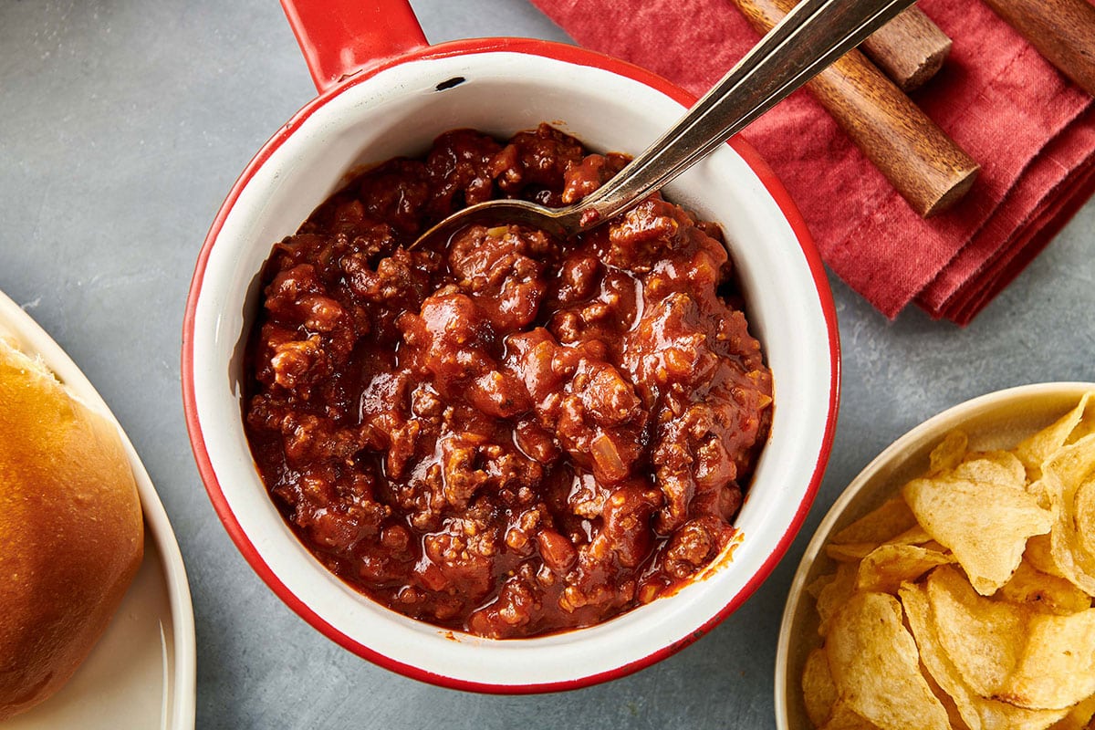 Sloppy Joes beef and sauce mix in bowl.