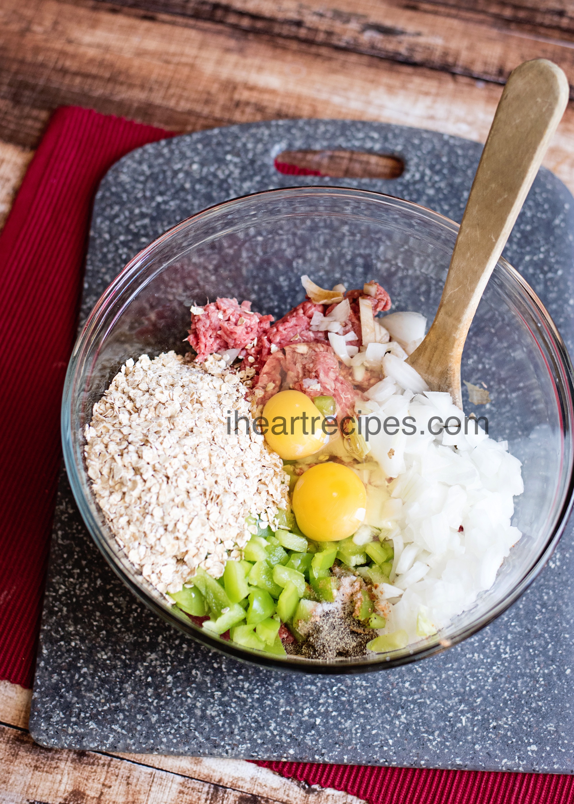 All of the simple ingredients can be placed into the bowl at one time and mixed together well.