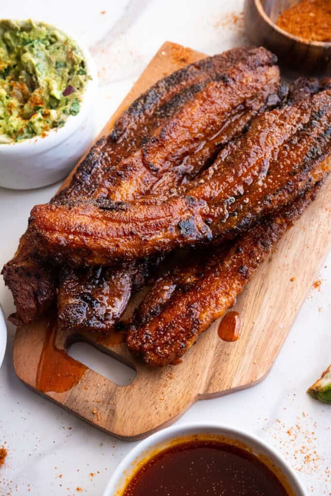 Crispy Nashville Hot Pork belly with Guacamole.