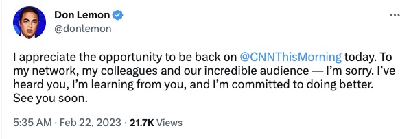 Lemon's apology tweet early Wednesday.