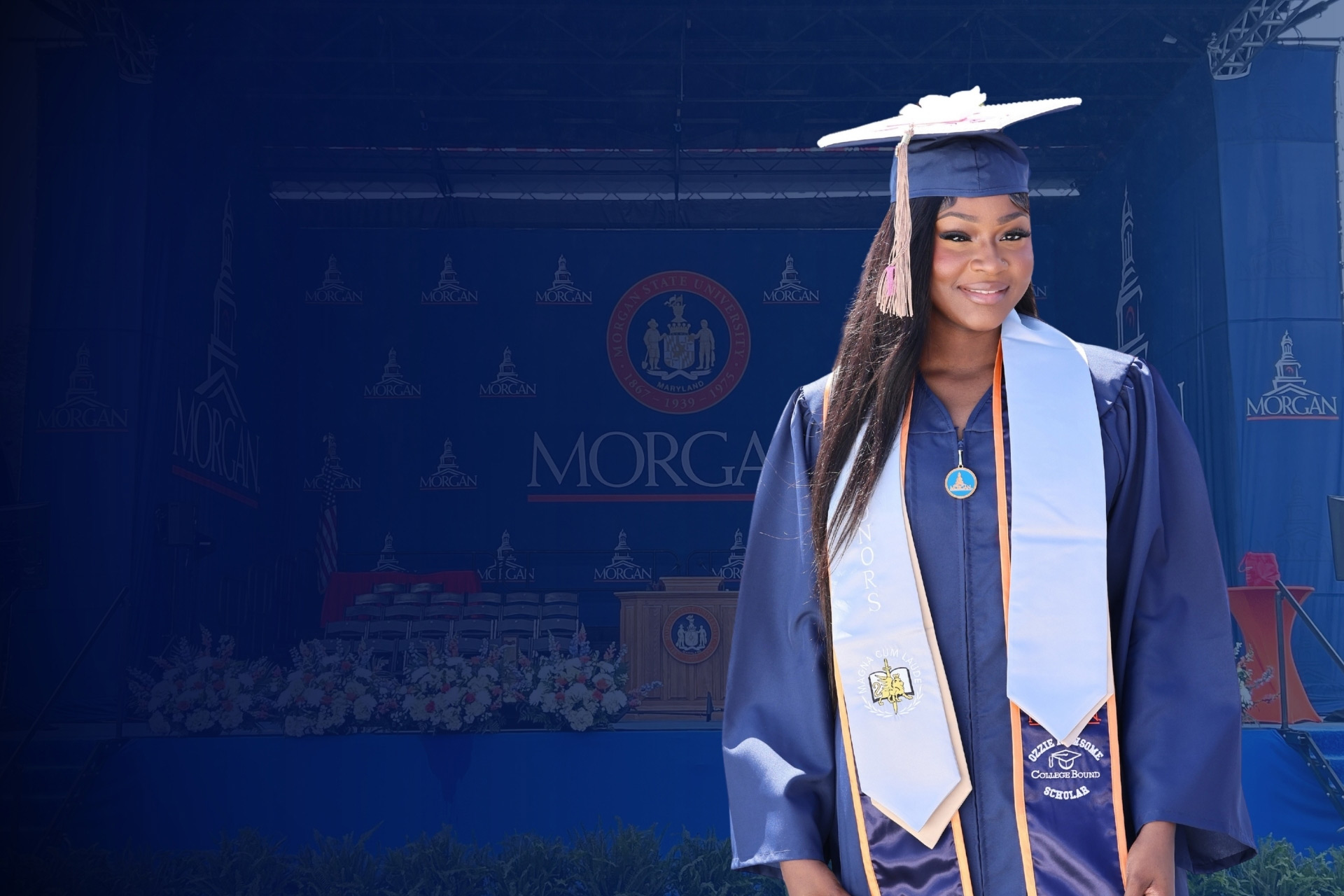 Recent graduate from Morgan State University and Ozzie Newsome Scholar, Gafanique Francis, is photographed at graduation.