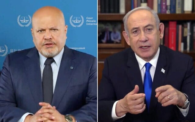 Left: Karim Khan, the chief prosecutor of the International Criminal Court, announces he is seeking arrest warrants from the court’s judges for Prime Minister Benjamin Netanyahu and Defense Minister Yoav Gallant, along with Hamas leaders Yahya Sinwar, Muhammad Deif and Ismail Haniyeh, on May 20, 2024 (ICC); Right: Prime Minister Benjamin Netanyahu delivers a video address, May 20, 2024. (Screenshot/ GPO)