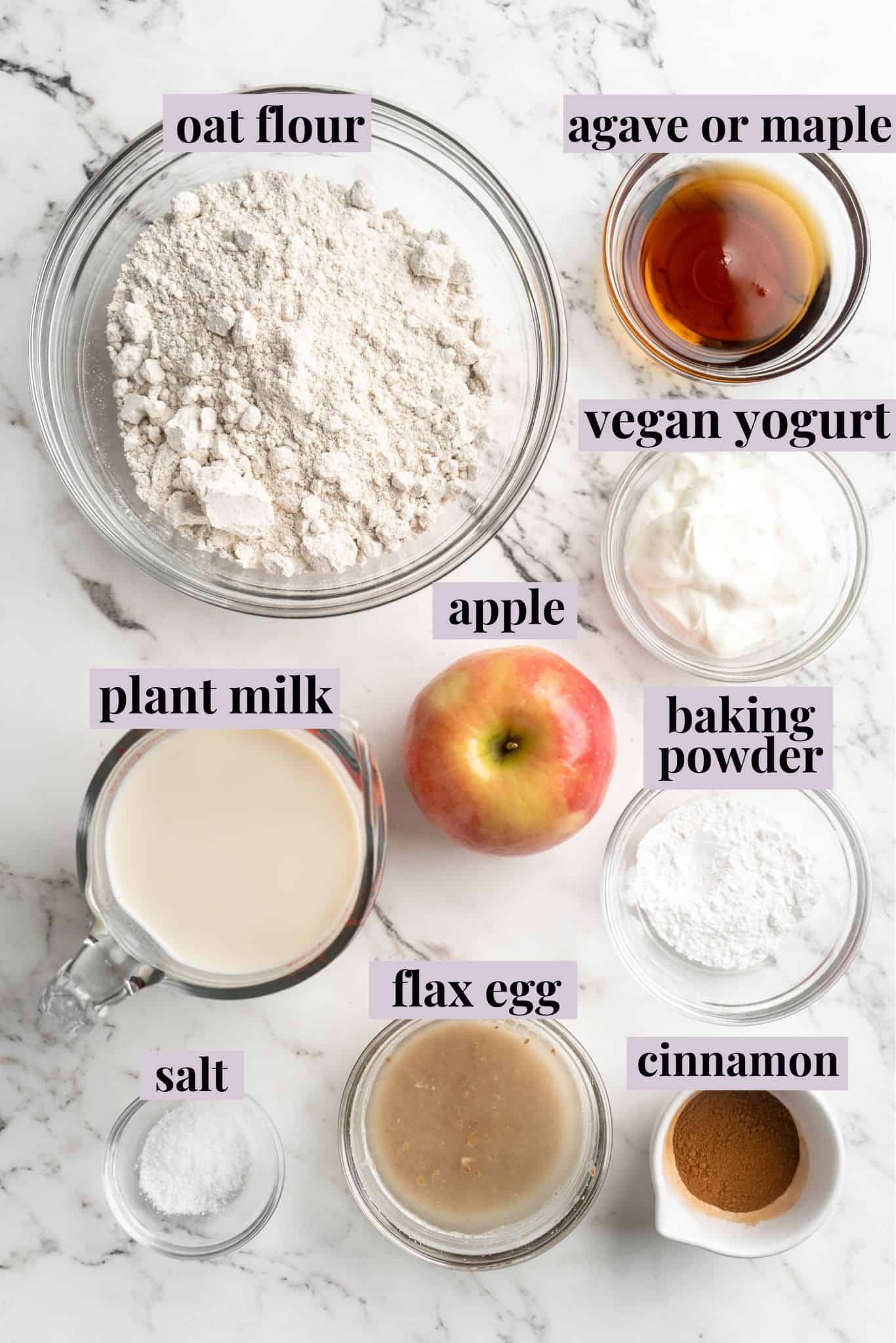 Overhead view of ingredients for apple pie pancakes with labels