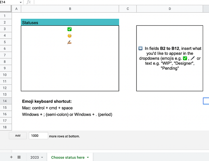 Screenshot of Statuses tab. Write any emoji or text inside the bordered box. With instructions and ideas of what to write inside the box, and how to access the emoji keyboard.