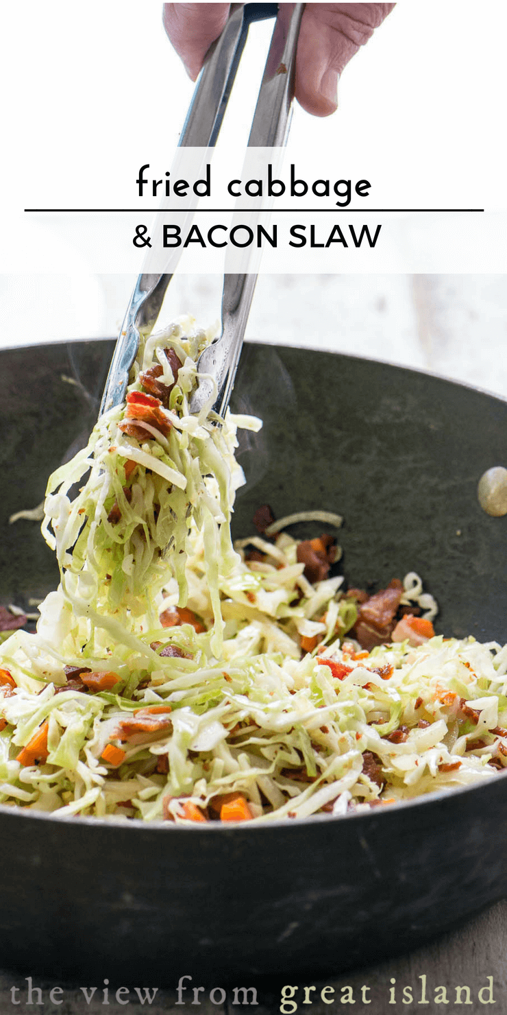 Fried Cabbage and Bacon Slaw ~ the best darned coleslaw of the summer! #salad #bacon #gtilling #sidedish #baconsalad #recipe #easy #fromscratch #cabbage #slaw #baconcoleslaw #fried #warmsalad #potluck #barbecue #picnic #4thofjuly #memorialday #summer 