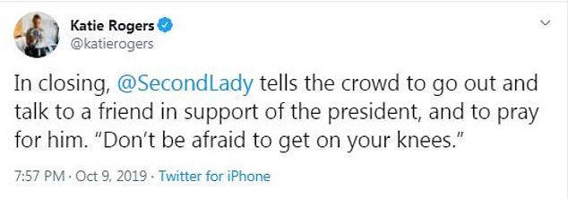 'Don't be afraid to get on your knees [and pray for the president],' Karen Pence told the crowd