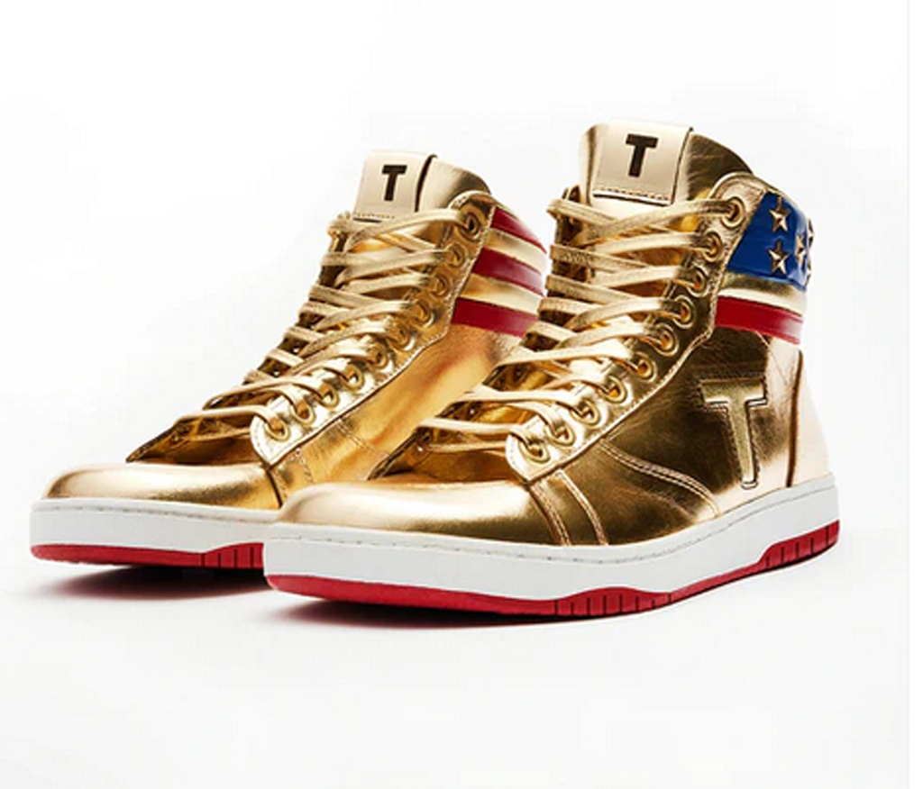 Golden high-top sneakers with a large T on the tongue and American flag logos on the backs that were launched for sale by former President Trump.