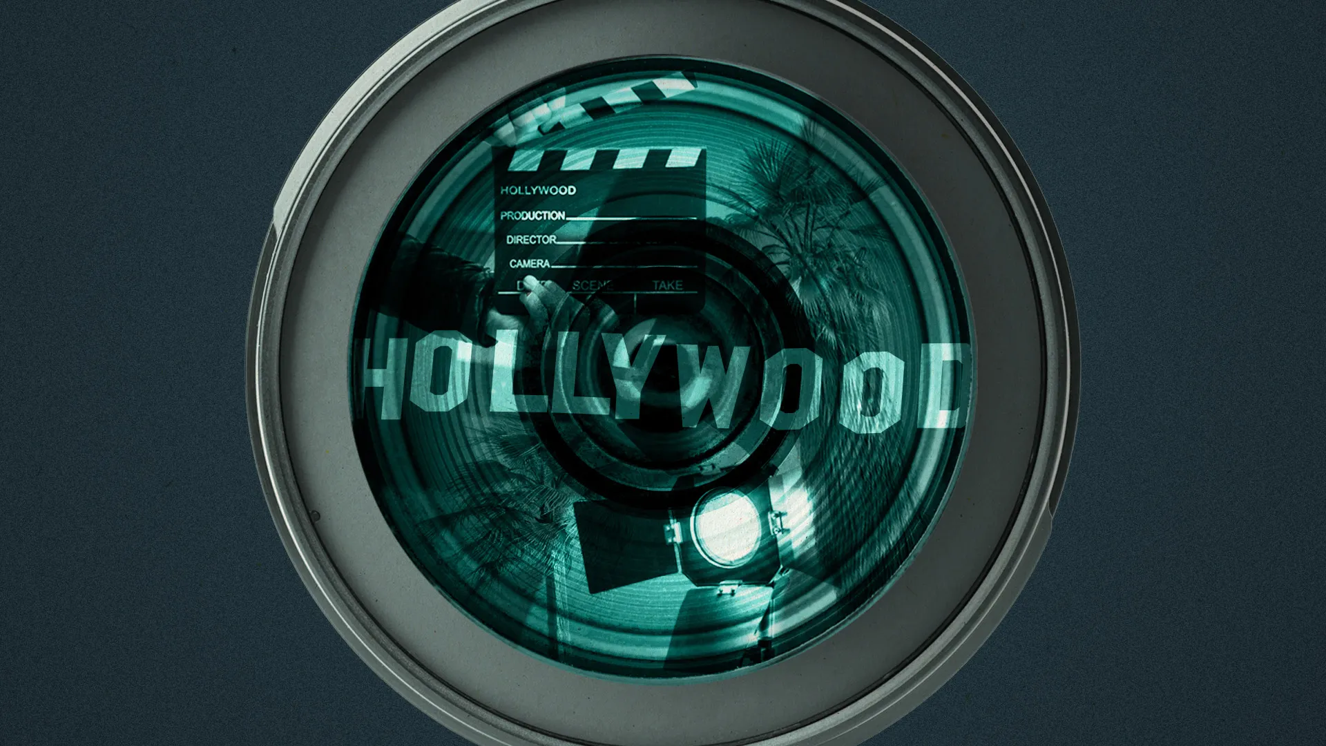 Camera lens with iconic Los Angeles imagery in the reflection of the glass