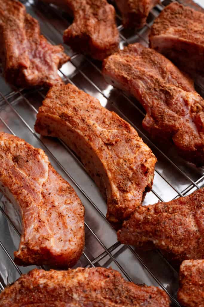 Party ribs seasoned with BBQ rub.