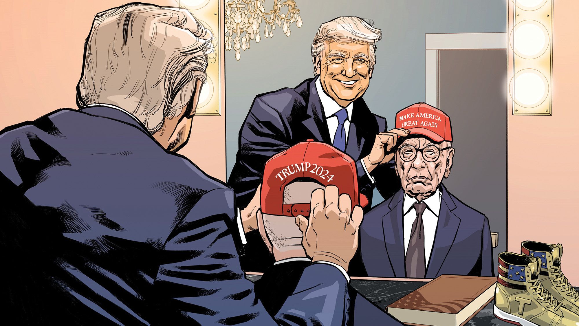Donald Trump and Rupert Murdoch looking in a mirror as Trump places a red MAKE AMERICA GREAT AGAIN hat on Murdoch's head