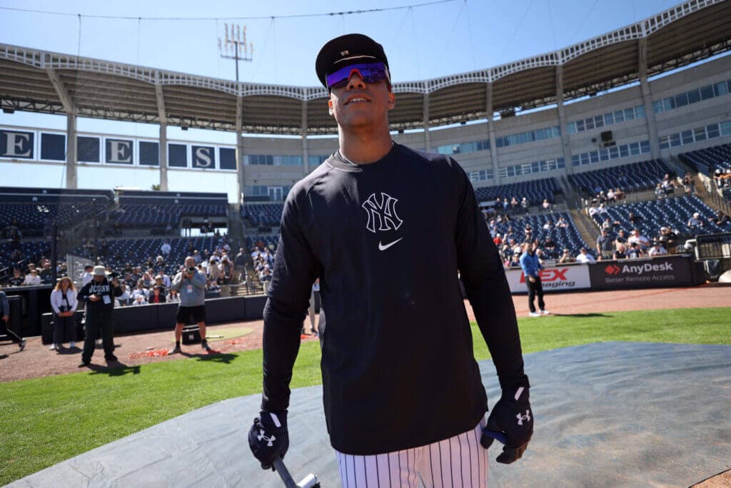 TAMPA, FL - FEBRUARY 20: Juan Soto #22 of the New York Yankees smiles during spring training at George M. Steinbrenner Field on February 20, 2024 in Tampa, Florida. (Photo by New York Yankees/Getty Images)