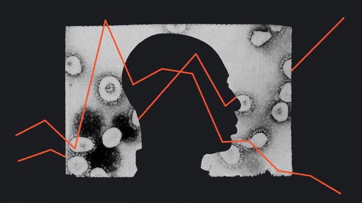 An illustration of a person with virus cells behind them and a graph superimposed