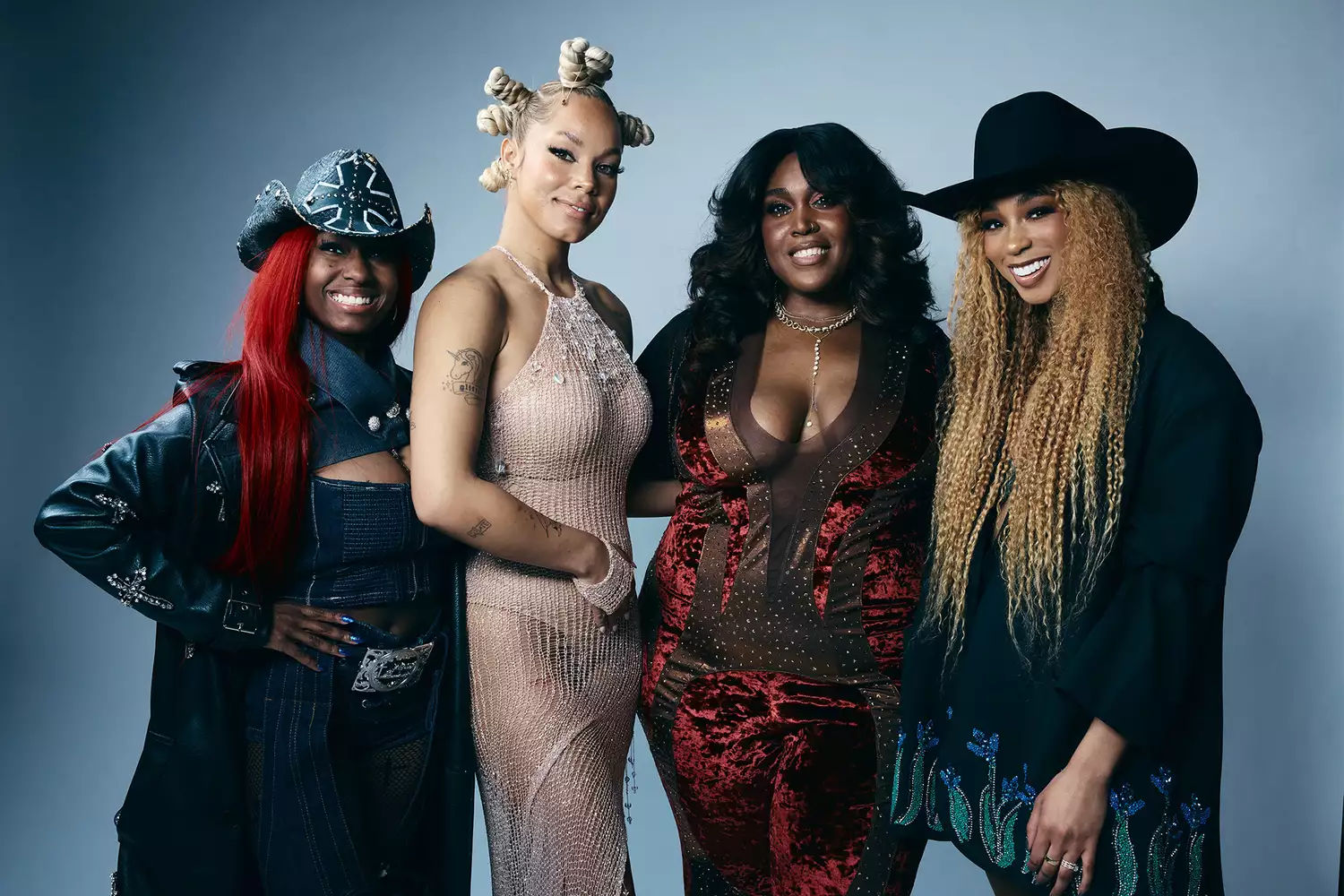 Reyna Roberts, Tanner Adell, Brittney Spencer and Tiera Kennedy pose for the 2024 CMT Music Awards portraits at the Moody Center on April 07, 2024 in Austin, Texas