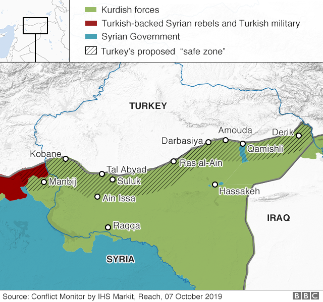 Map showing control of north-eastern Syria and Turkey's proposed safe zone