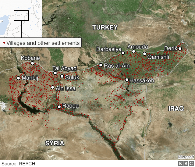 Satellite map showing settlements in north-eastern Syria