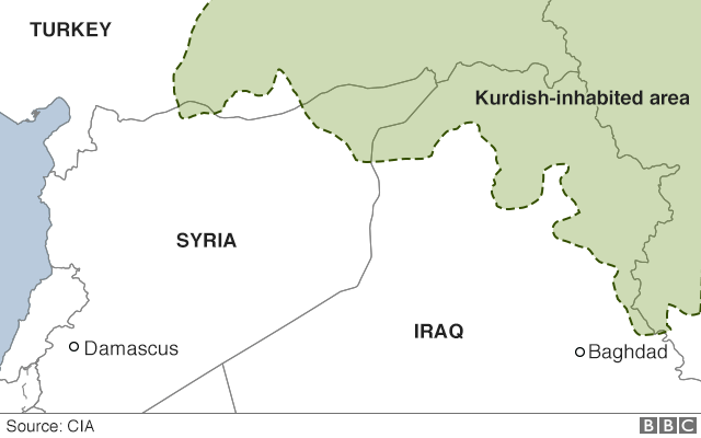 Map showing Kurdish inhabited areas in Syria, Iraq, Turkey and Iran