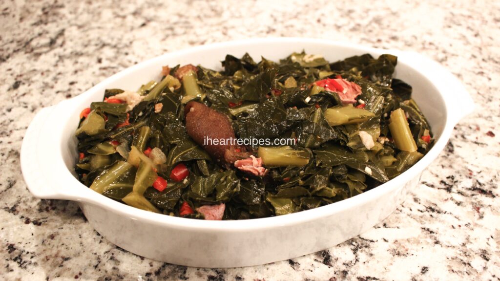 Southern style collard greens made with ham hocks and seasoned with garlic and onions. 