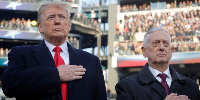 U.S. President Donald Trump and U.S. Defense Secretary Jim Mattis attend the 119th Army-Navy football game at Lincoln Financial Field in Philadelphia, Pennsylvania, U.S. December 8, 2018.  REUTERS/Jim Young