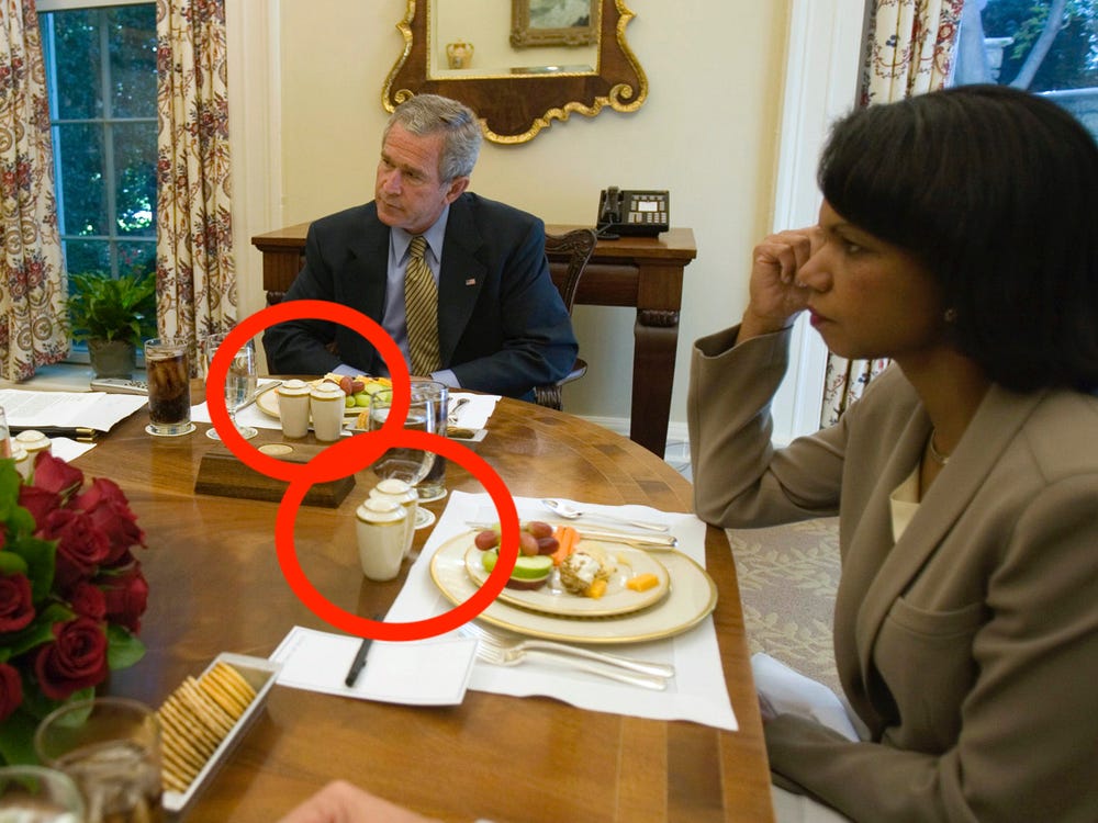 President Bush is joined for lunch Wednesday, Oct. 5, 2005, by Secretary of State Condoleezza Rice, right, and Karen Hughes, newly appointed Under Secretary of State for Public Diplomacy and Public Affairs.