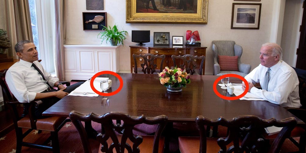 President Barack Obama and Vice President Joe Biden talk during a photo-op as they meet for lunch in the Private Dining Room of the White House in Washington, Wednesday, Jan. 8, 2014.