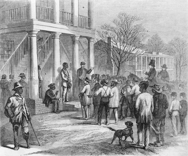 A drawing of a Black man standing on a porch with people surrounding him.