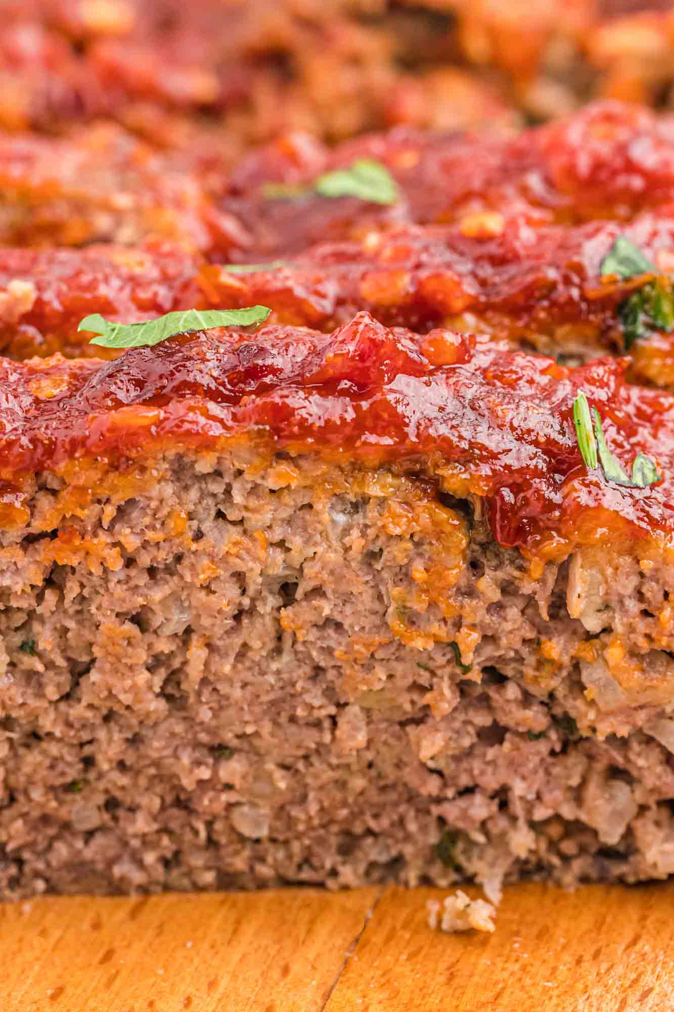Close up shot of a meatloaf slice to show its texture