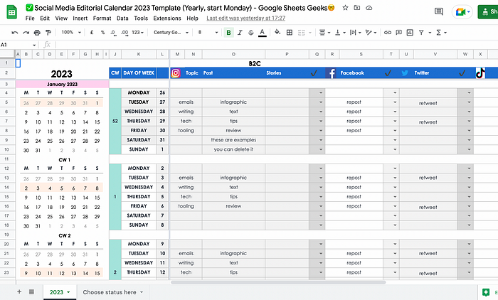 Screenshot of social media calendar. Mini calendars on the right, with calendar weeks highlighted. Template shows examples of what social copy to use.