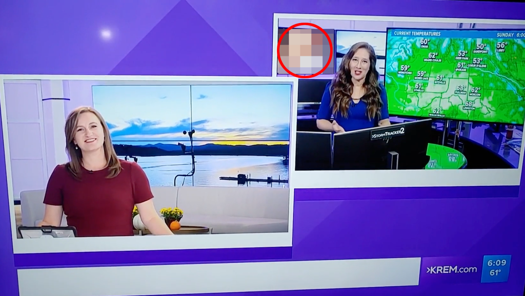 Neither meteorologist Michelle Boss nor anchor Cody Proctor reacted to the X-rated clip while it played.
