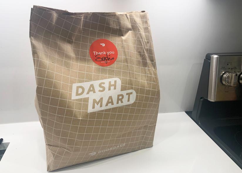 A doordash bag on a counter