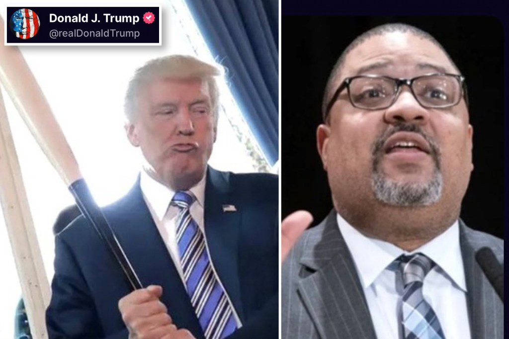 Screenshot of image Trump shared showing him with a baseball bat placed next to Alvin Bragg's head.