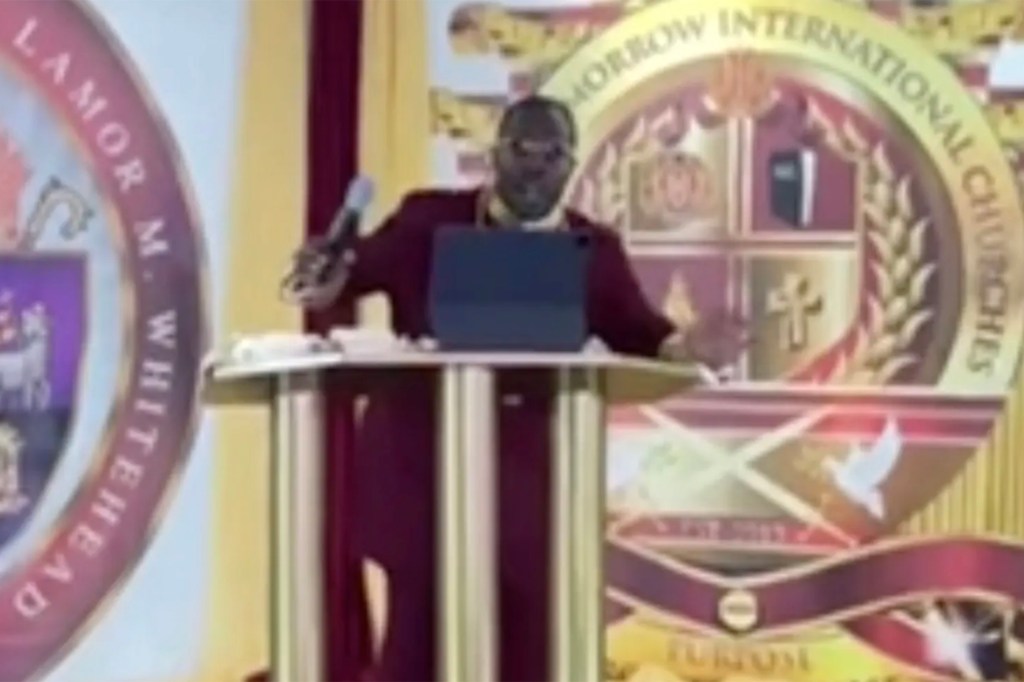 Bishop Lamor Whitehead reacts to masked bandits storming his live-streamed sermon. 