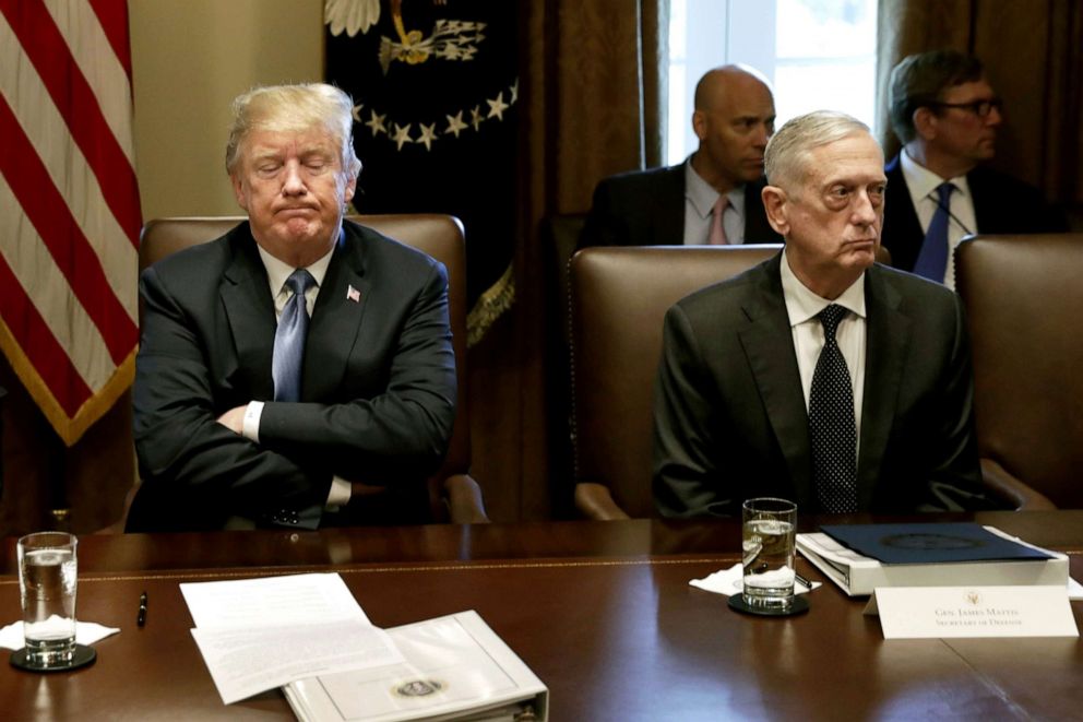 PHOTO: President Donald Trump pauses while speaking as James Mattis, Secretary of Defense, listens during a Cabinet meeting at the White House in Washington, June 21, 2018.