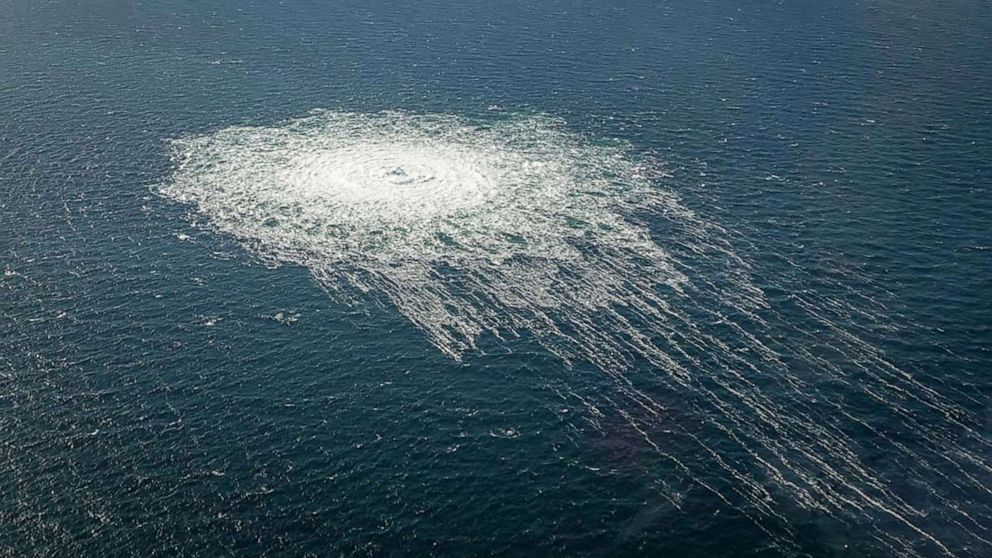 PHOTO: Gas bubbles from the Nord Stream 2 leak reach the surface of the Baltic Sea in the area off the coast near Bornholm, Denmark, Sept. 27, 2022. 