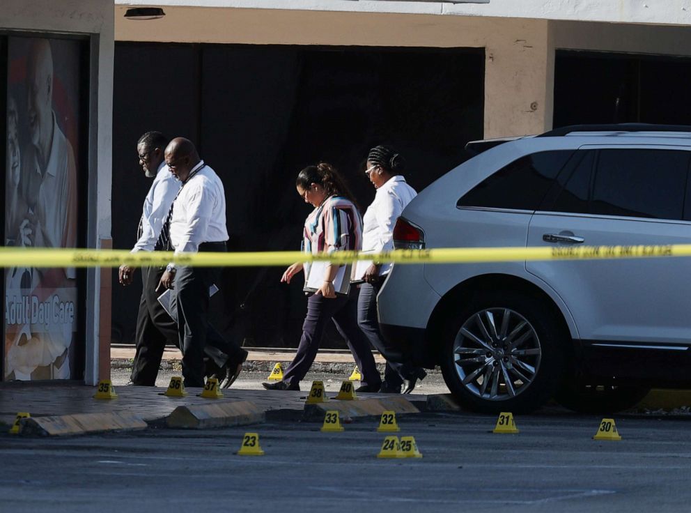 PHOTO: Miami-Dade police investigate where a mass shooting took place outside of a banquet hall on May 30, 2021 in Hialeah, Florida.
