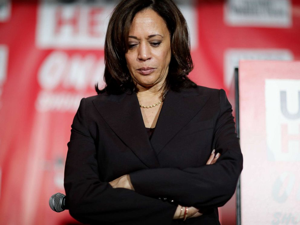 PHOTO: Democratic presidential candidate Sen. Kamala Harris, D-Calif., pauses as she speaks at a town hall event at the Culinary Workers Union, Friday, Nov. 8, 2019, in Las Vegas. 