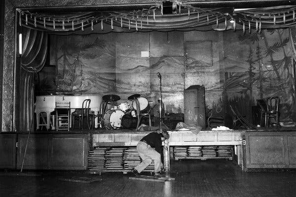 The stage of the Audubon Ballroom was riddled with bullet holes after the assassination.