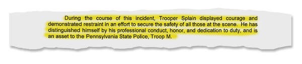 An excerpt from <a href=https://www.nytimes.com/interactive/2021/12/29/us/lehigh-county-police-officer-of-the-year-nomination.html>a letter</a> recommending Jay Splain for the county’s officer of the year award after he fatally shot Joseph Rotkewicz.