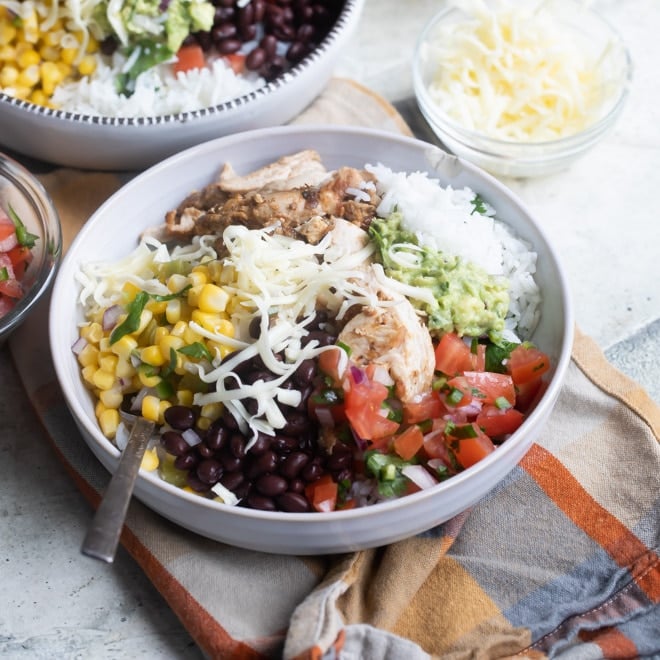 Chipotle burrito bowl in a white bowl.