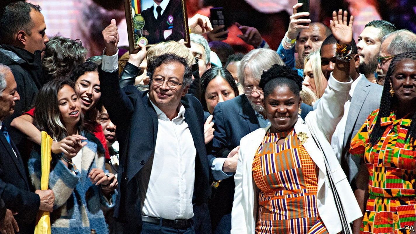 Left-wing president and vice-president elect of Colombia, Gustavo Petro (Left) and Francia Marquez (Right) give a speach at the movistar Arena in Bogota, Colombia after results showed left-wing presidential candidate Gustavo Petro as the first left-wing president in Colombia winning with 11'281.013 votes to center Rodolfo Hernandez with a difference of 700.000 votes on June 19, 2022. Photo By: Chepa Beltran/Long Visual Press/ABACAPRESS.COM