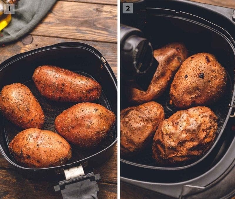 Collage of two photos placing sweet potatoes in air fryer and when they are done baking