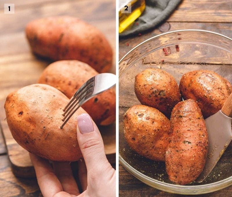 Collage of two photos prepping sweet potatoes with seasonings